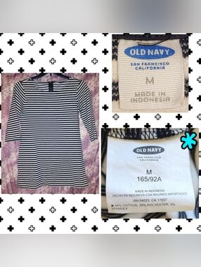 Old Navy Blk & Wht Striped 3/4 Slv Crew Neck Knee Length Bodycon Knit Dress Sz M
